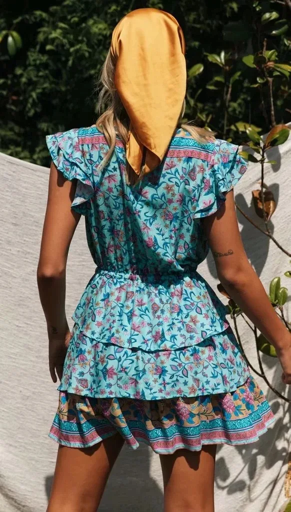 AYUALIN Мини платье для женщин vestidos пляжная одежда с цветочным принтом v образным