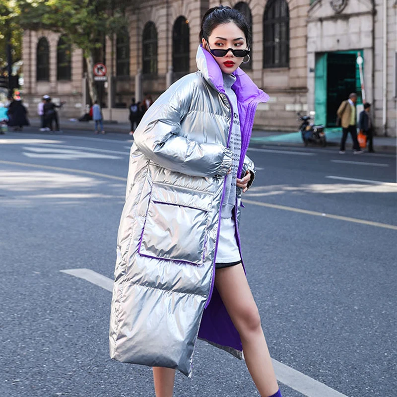 Женский зимний пуховик с воротником-хомутом серебристый и черный 90% | Женская