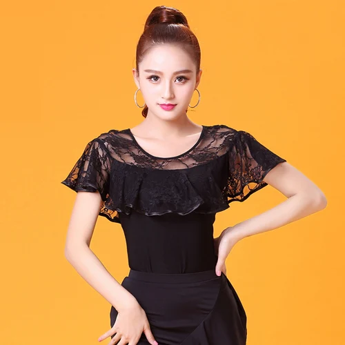

2019 Lace Flowers Short Sleeve Modern Latin Dance Clothes Top for Women/female/lady,Vogue Ballroom Costume Performance Wear