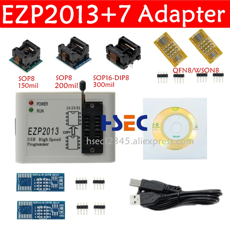 Высокоскоростной USB программатор EZP2013 /EZP2019 SPI + 7 адаптеров SOP8 2011 мил до разъема DIP8