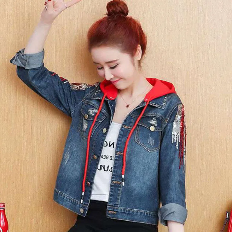 Женская джинсовая куртка с блестками Короткая Повседневная ковбойская вышивкой