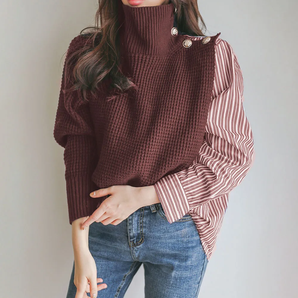 Женский трикотажный свитер-водолазка голубой вязаный свитер составного кроя с