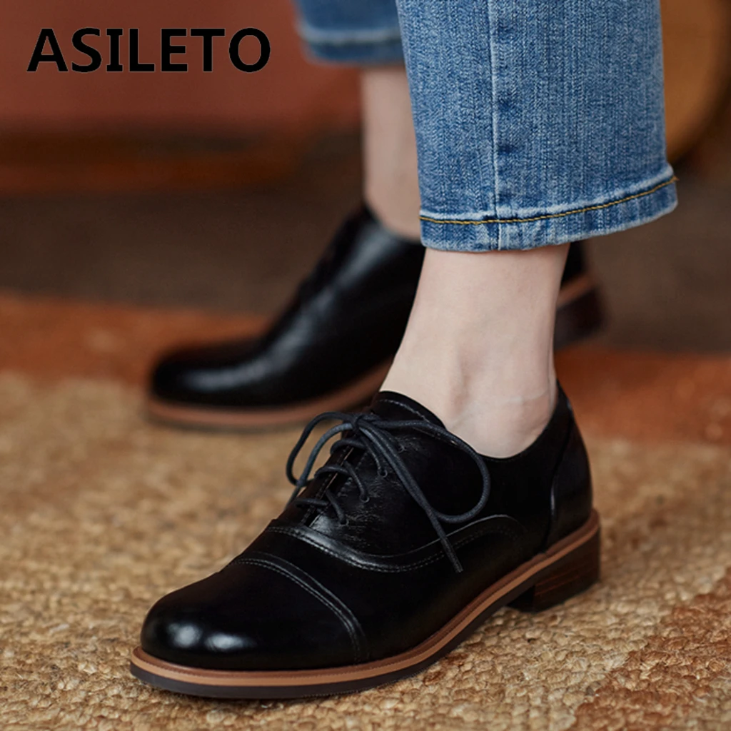 

ASILETO New 2021 Women Flat Shoes Round Toe Genuine Leather Lace-Up Classic British Concise Soft Comfort Size 39 Casual B2426