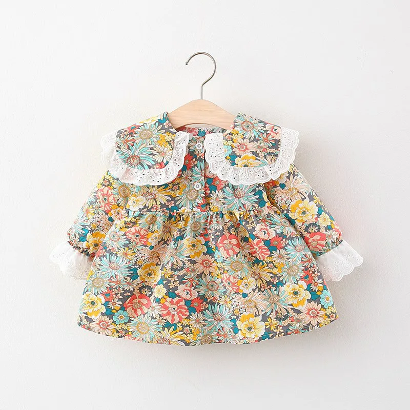 

Детская одежда, Осеннее цветочное детское платье с длинным рукавом и кукольным воротником для девочек, юбка принцессы, детское платье для в...