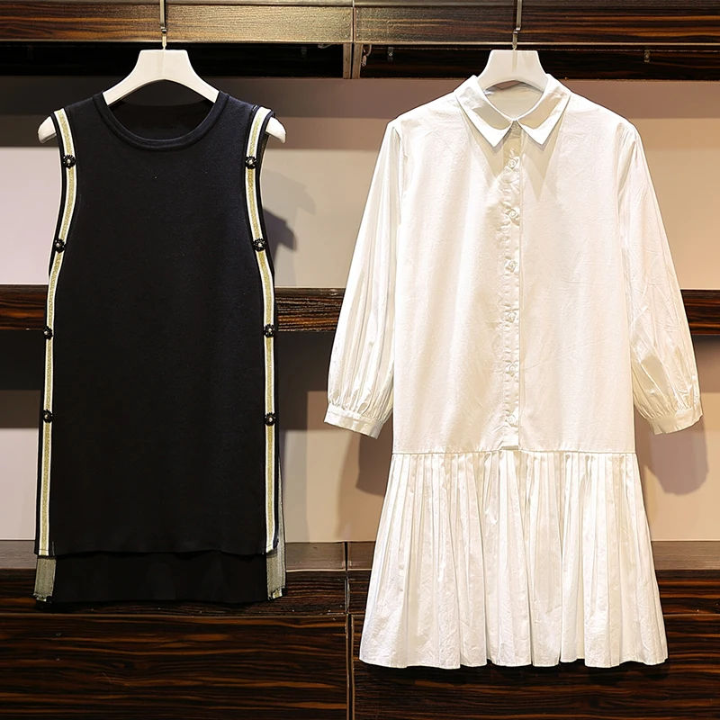 Trytree 2019 Autumn Women two piece set Casual Solid Knitted Tank Top + Dress Turn-down Collar Mini Office Lady Set 2 Piece | Женская