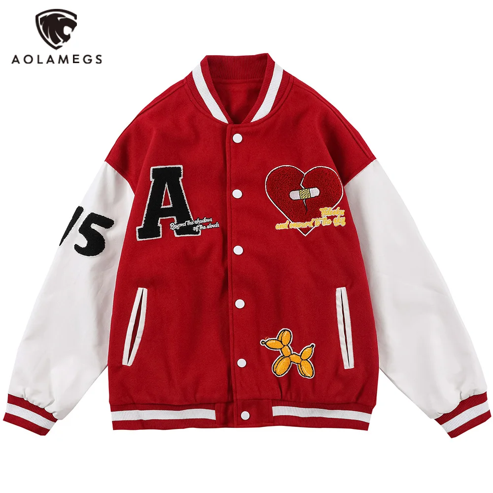 

Aolamegs Varsity Jacket Men Furry Letter Patchwork Color Baseball Jacket Autumn Vintage Advanced High Street Bomber Coats Couple