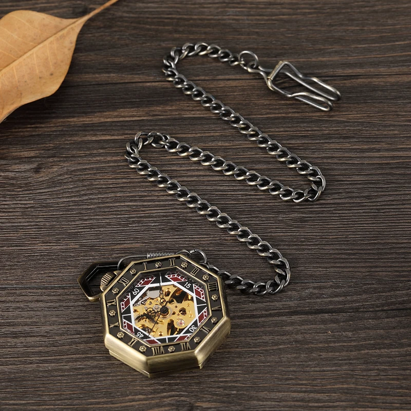 Gorben Vintage Mechanical Pocket Watch Octagonal Dial Mechanical Hand Wind Movement with FOB Chain