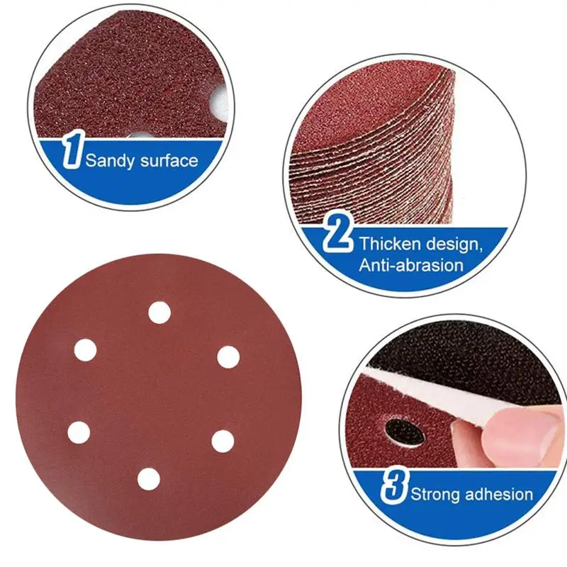 

100 PCS Sanding Disc 5 Inch 125mm 6 Holes Round Sandpaper 40/60/80/100/120/180/240/320/400/800 Grits Assorted Sand Paper