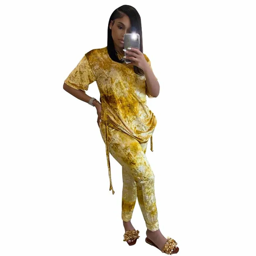 

Velvet Tracksuit Women Two Piece Set Short Sleeve Ruched Drawstring Sweatshirt and Jogger Trousers Sportwear Workout Club Outfit