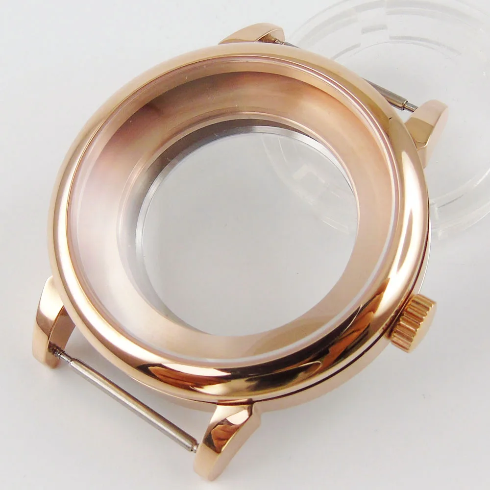 

Full Rose Gold Coated Polished 40mm Wristwatch Case for MIYOTA 8215 Seeing Silver Cover Back Sapphire Crystal Screw Crown