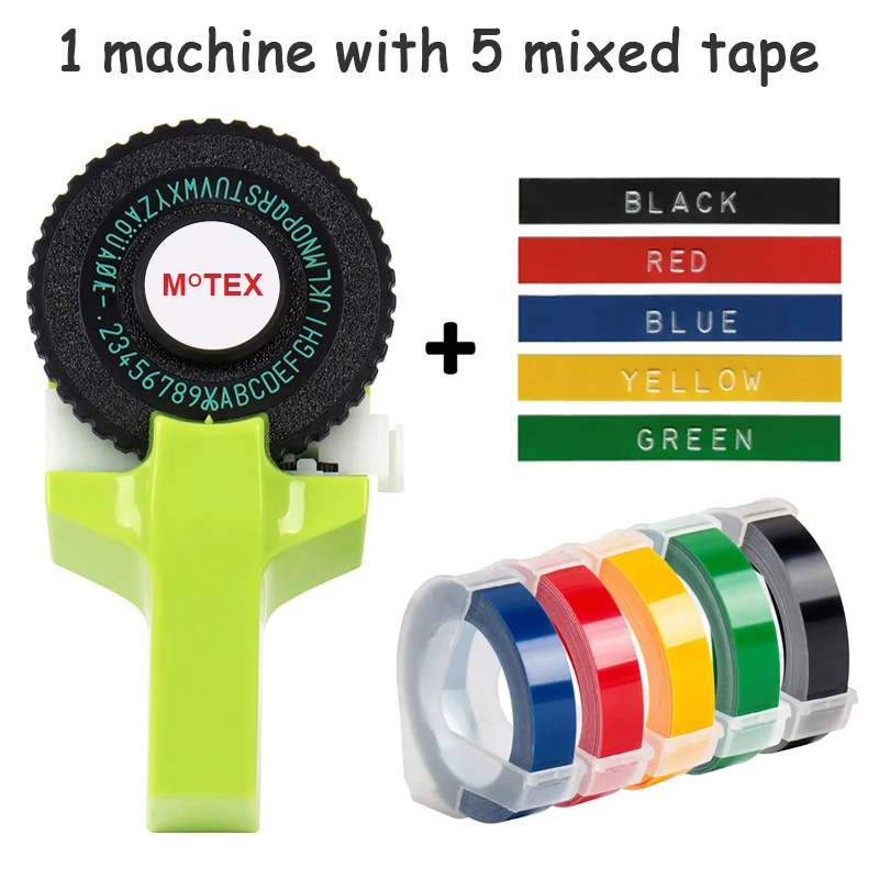 Зеленый цвет MoTex E101 принтер мини DIY Ручная Совместимость для dymo 3D тиснение ручная лента ручная машинка надпись машина - Цвет: machine with 5 mixed