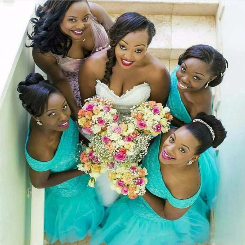 

Nigerian Bridesmaid Dresses Plus Size South Africa Style Mermaid Maid Of Honor Gowns For Wedding Off Shoulder Turquoise Dress