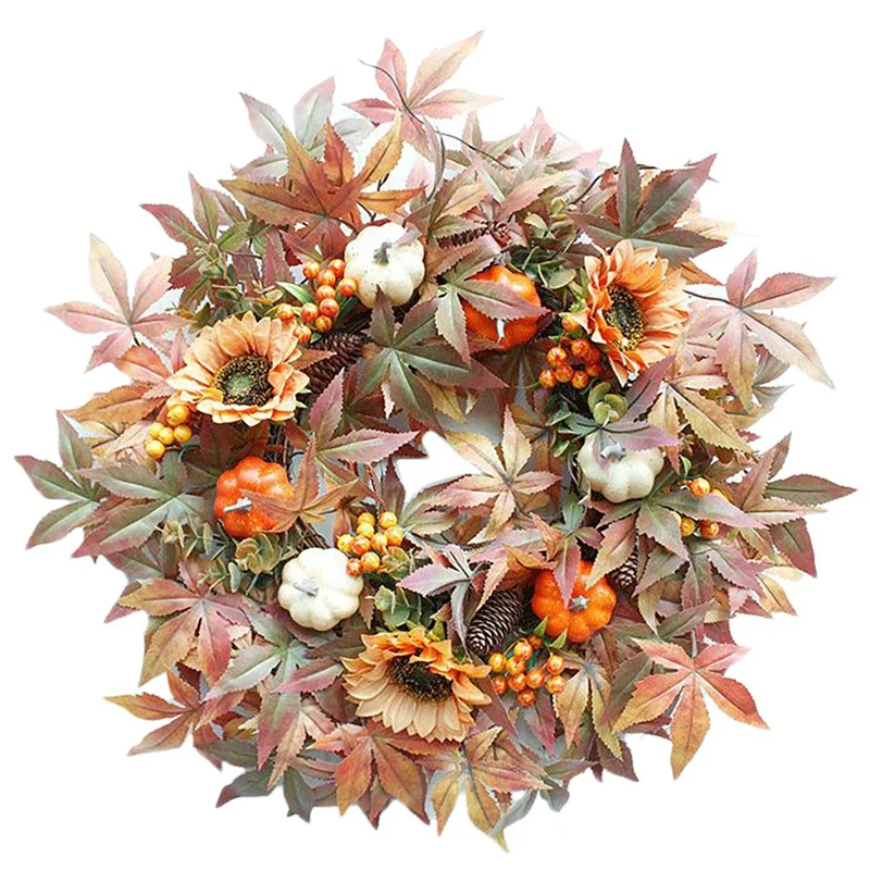 

Artificial Fall Wreath - 24Inch Wreath With Maple Leaves Pumpkin Pine Cone Berries For Front Door Thanksgiving Decor