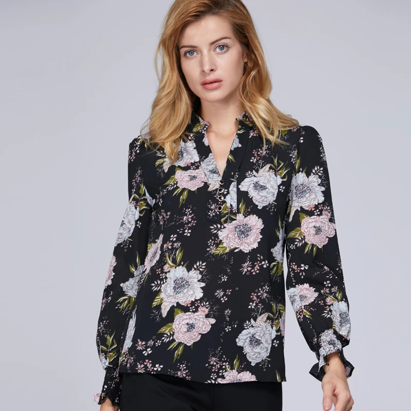 

Spring Autumn Women's Long-sleeved Chiffon Shirt Fashion Korean Wild Large Size V-neck Printed Shirt Bottoming Shirt Tops GD489