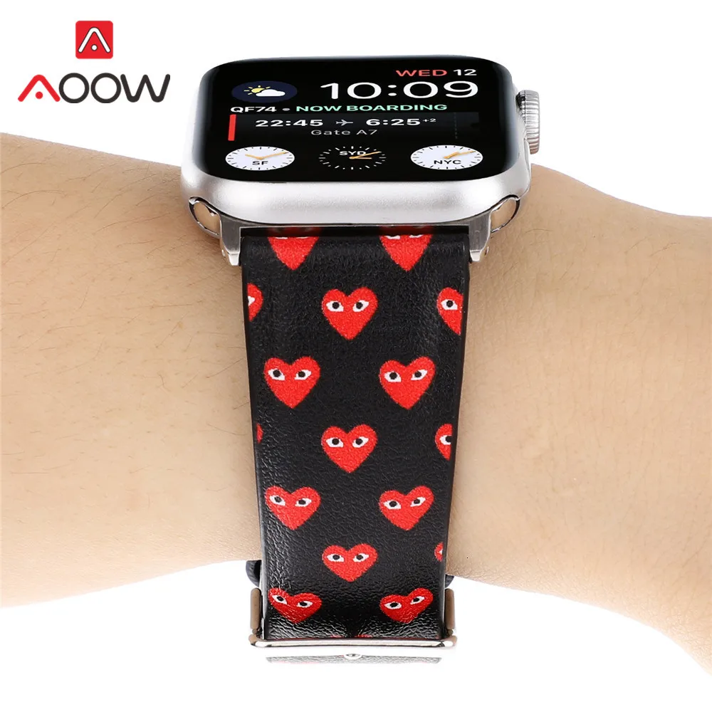 Кожаный ремешок для часов с камуфляжной печатью для Apple Watch, 40 мм, 44 мм, 38 мм, 42 мм, браслет с сердечками для мужчин и женщин, ремешок для iWatch 1, 2, 3, 4