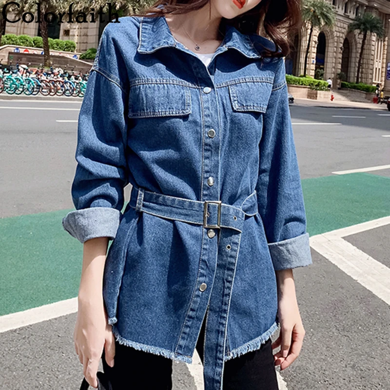 Colorfaith/Новинка 2019 года сезон осень зима женские джинсовые куртки с отложным