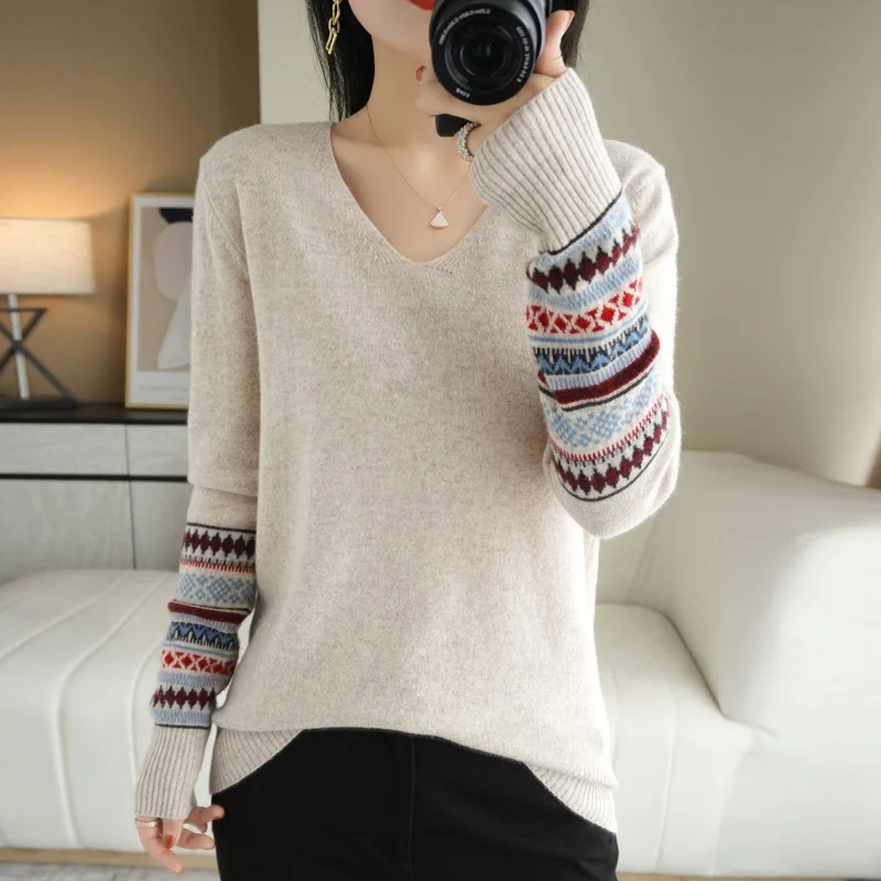 

2021 autumn winter new cashmere sweater women's V-neck color matching sleeve Pullover Sweater loose and versatile 100 pure wool