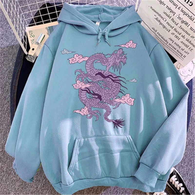 

Dragon Print Cute Women Sweatshirt Hip Hop Kawaii Ullzang Harajuku Hoodies Funny Autumn Winter Fleece Warm Punk Pullovers Top