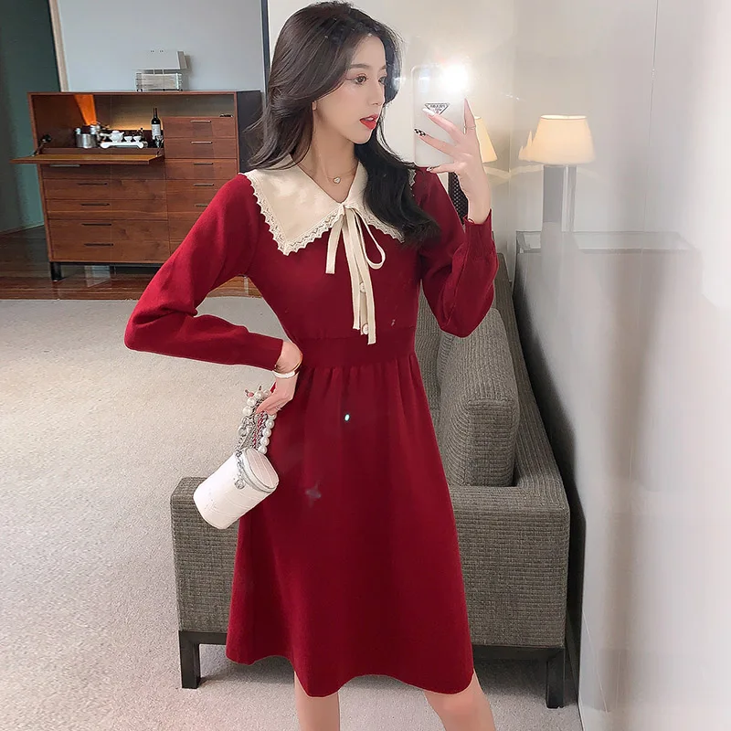 

Knitting Loose Women Dresses New Fashion Splicing Doll Collar Mid-length Autumn Casual Long Sleeve Dress Houthion
