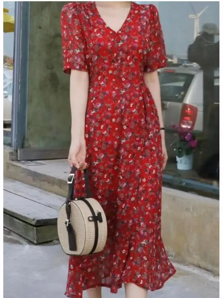 Женское шифоновое платье с цветочным принтом Красное Длинное облегающее