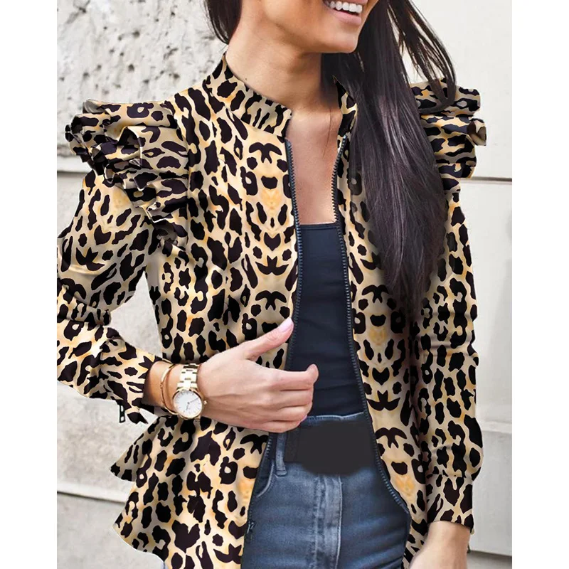 Женский жакет с оборками повседневные пальто 2020 осень круглым вырезом на молнии