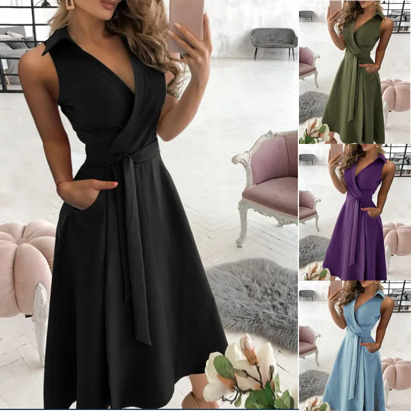 

Elegant V-neck Solid Color Midi Dress Women Sashes Sleeveless Tank Dresses 2021 Fashion Summer Casual Office Black Vestido