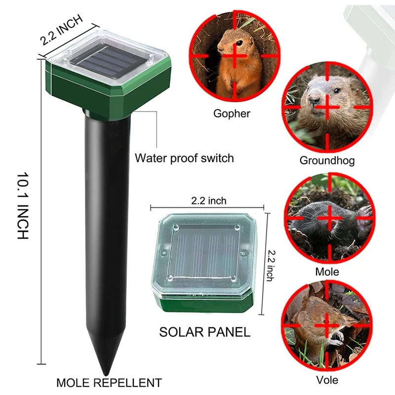 

Solar Mole Repellent Stakes Sonic Vole Repeller Gopher Deterrent Spikes-Get Rid of Burrowing Animals Waterproof