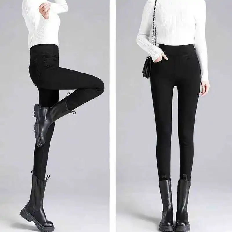 

Elastic Waist Pencil Denim Pants Stretchy Bleached Washed High Waist Woman Jeans Casual Full Length Trousers for Female