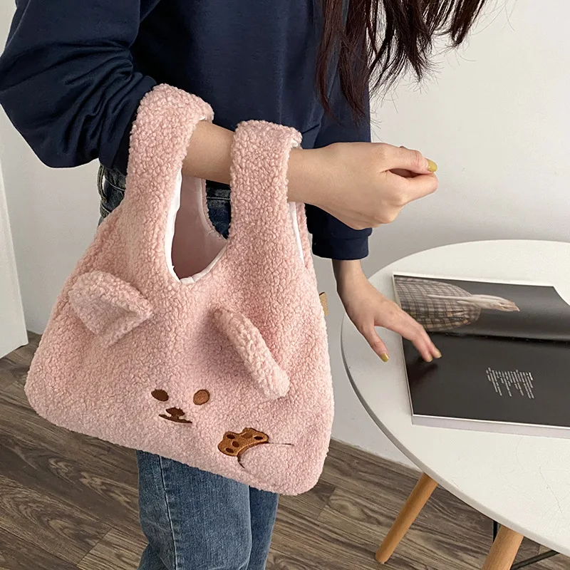 

Women Canvas Tote Purse Cute Cartoon Hand Bag Lamb Cashmere Like Fabric Shoulder Bags Girl Simple Handbag