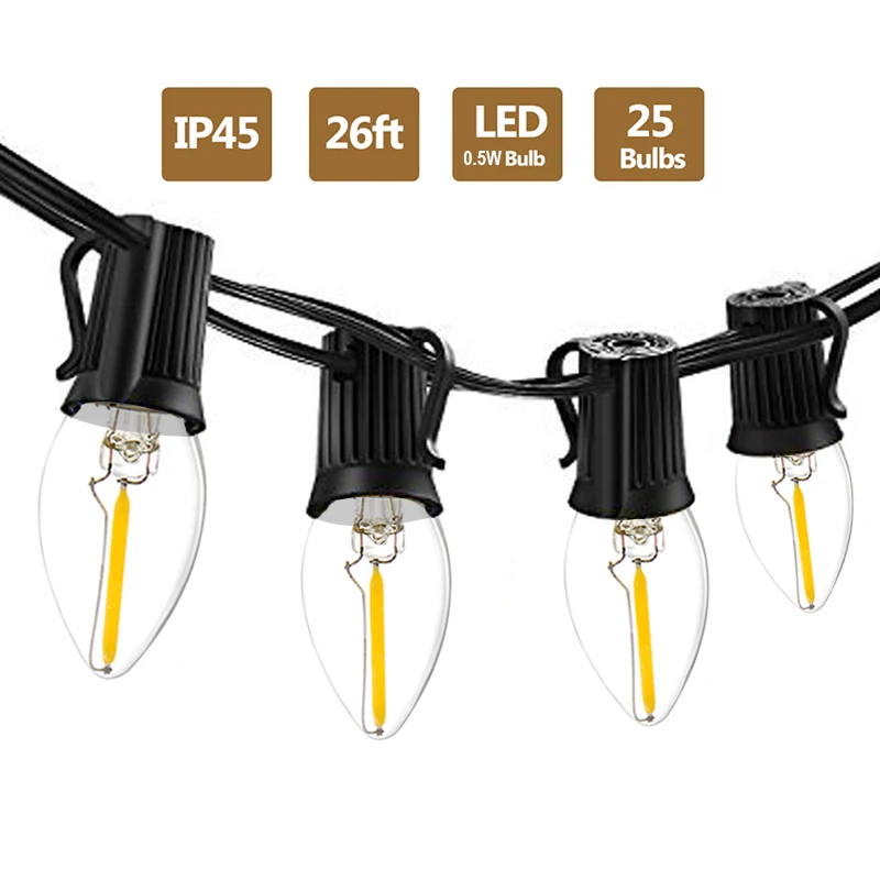 

C7 Led String Lights 26Ft 25PCS Vintage LED Bulb 0.5W 2700K IP45 Waterproof Indoor Outdoor String led for Backyard Patio Lights
