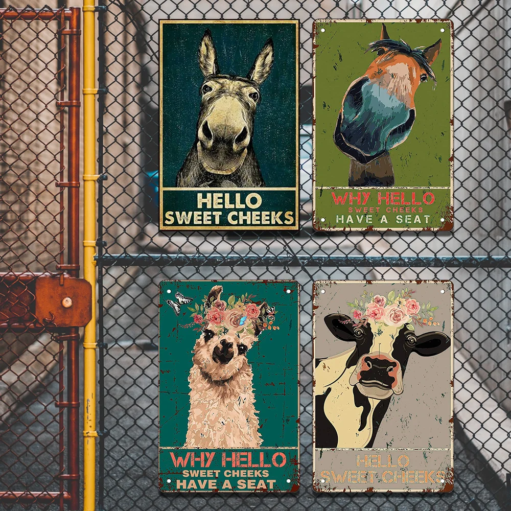 Металлический жестяной знак Ослик Здравствуйте Милые щеки бык Красивая ягодица