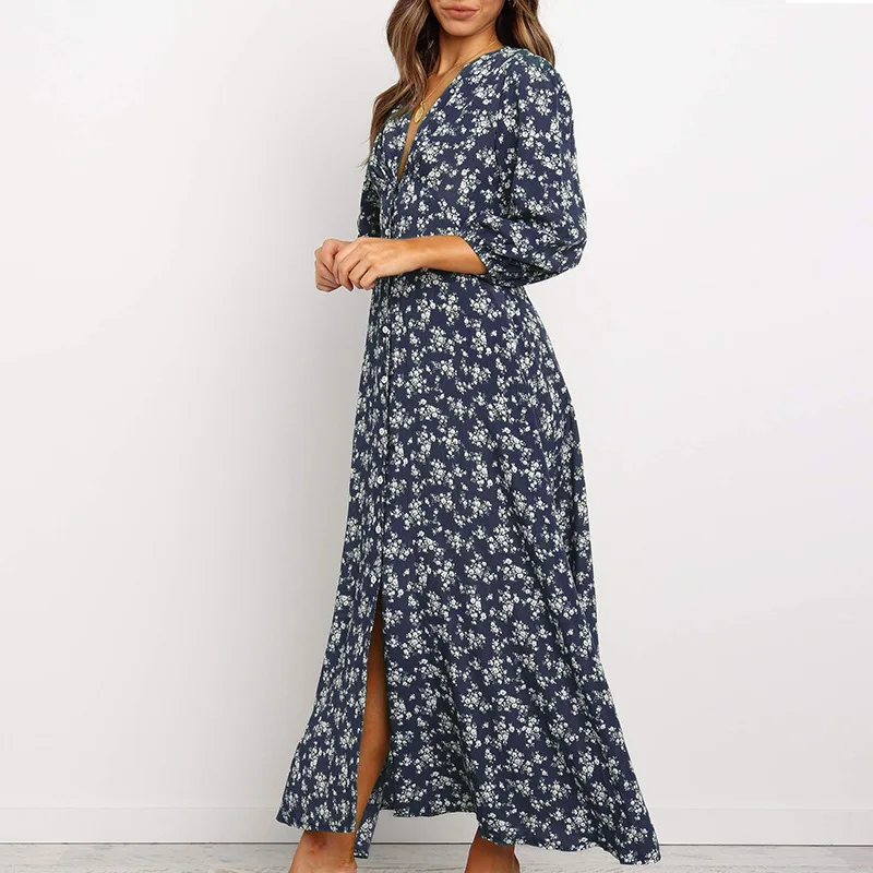 

Fashion Women's Dress New Spring Casual V-neck Single-breasted Floral Print Loose Plus Size Long-sleeved Dress Button Donsignet