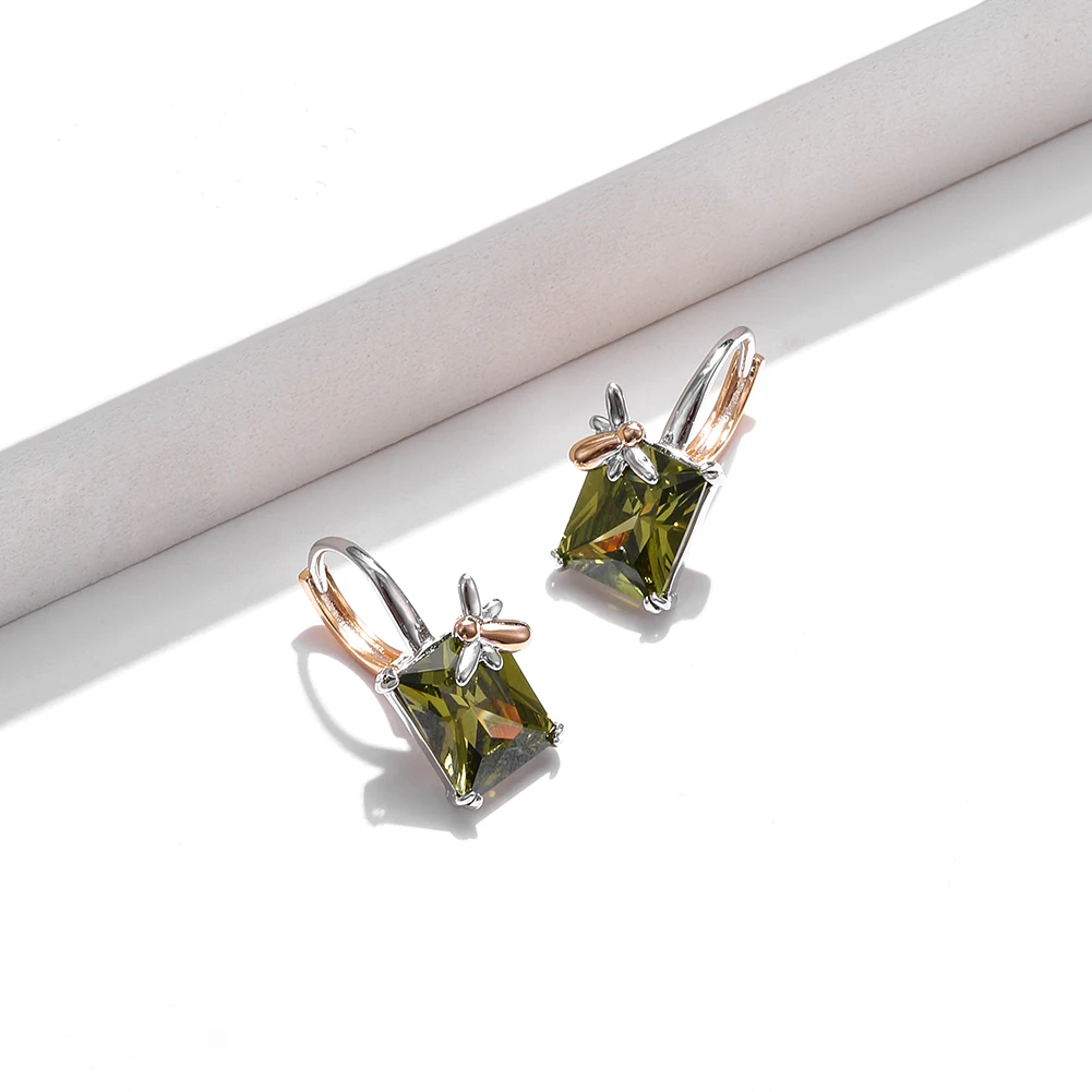 

ZEMIOR Drop Earrings Copper Fashion Olive Green Rectangle Zirconia For Women Butterfly Romantic Earring Anniversary Jewelry