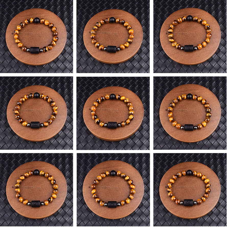

Reiki Tiger Eye Stone Beaded 12 Constellations Bracelets Zodiac Leo Virgo Libra Wristband Friend Bracelets for Male Couples Gift