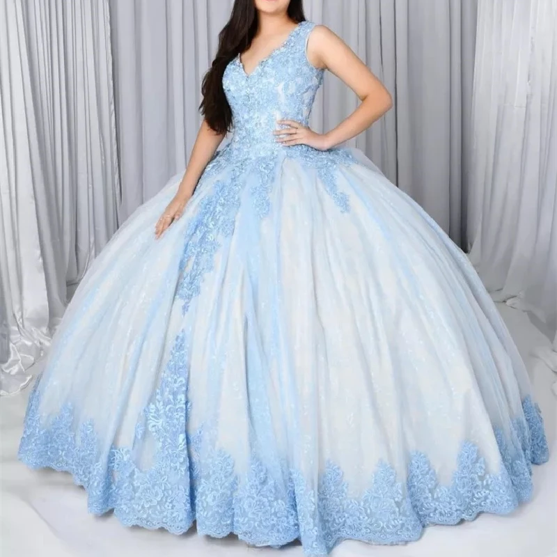 

Puffy Ball Gown V-Neck Quinceanera Dresses 2021Sleeveless Lace Appliques Sequined Party Princess Sweet 16 Dress For Girls