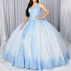 Пышное Бальное Платье с V-образным вырезом, платья для Quinceanera 2021, кружевное вечернее вечерние лое платье принцессы без рукавов с аппликацией и блестками для девочек 16