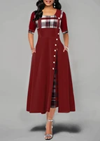 2021 new women inclined button plaid print pocket dress