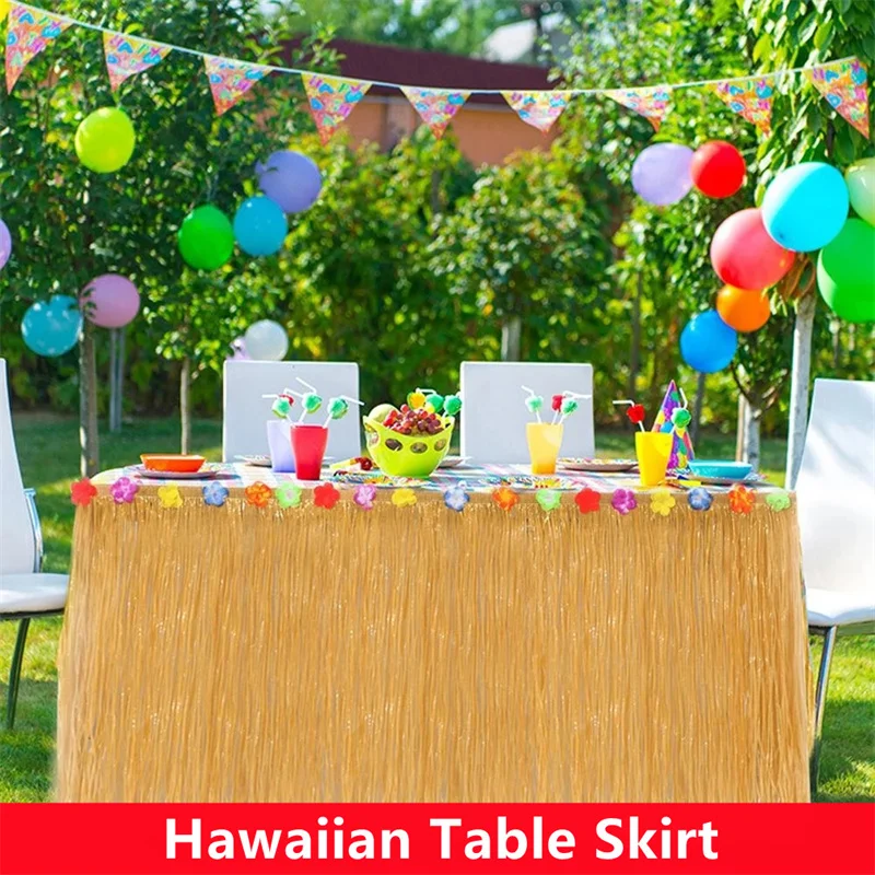 

1PCS Hawaiian Party Grass Table Skirt Tropical Luau Party Hula Colored Flower Inlaid Artificial Tableware Outdoor Party Decor