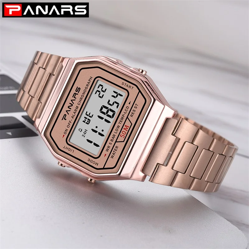 

PANARS Men Waterproof Digital Watch Gold Color Stainless Steel Band Watches Men Women Sport Watch Simple Fashion Wristwatch