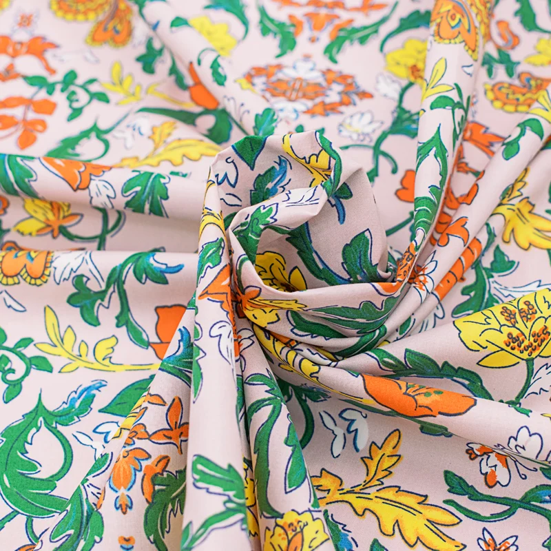 

Green Vines On Pink Digital Pure Cotton Fabric For Dress Tissus Au MÈTre Telas Por Metro Ткань Для Шитья DIY Vestido Coton Tissu