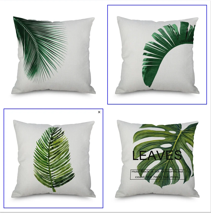 

Green Tropical Leaf Throw Pillow Covers Set Of 4 18x18 Cotton Linen Sturdy Pillowcase w/ Hidden Zipper For Sofa Couch Bench Car