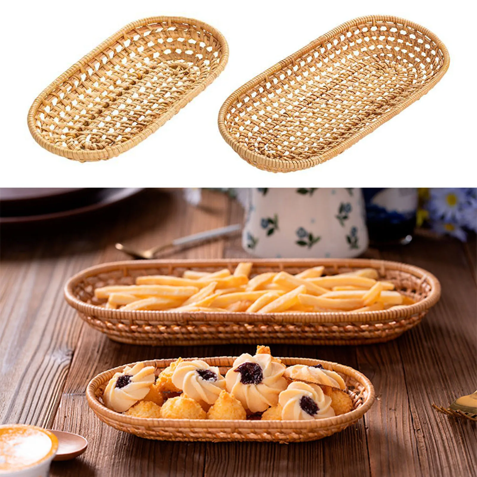 

Kitchen Organizer Storage Basket For French Fries Fruit Dish Woven Food Tray Hand-Woven Chinese Style Knife Oval Diplay Baskets