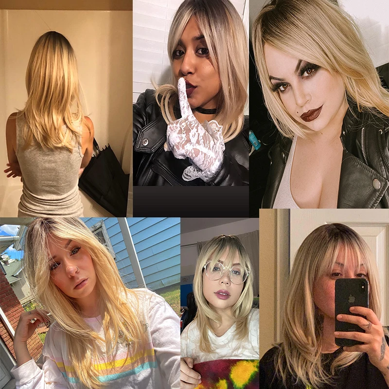

DIANQI Synthetic Hair Long Straight Layered Hairstyle Ombre Black Brown Blonde Gray Ash Full Wigs with Bangs for Black Women