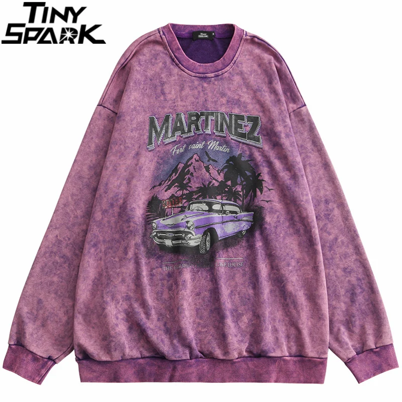 

Hip Hop Washed Sweatshirt Streetwear Pullover Car Tree Letter Print Harajuku Sweatshirt 2021 Men Autumn Cotton Casual Pullover