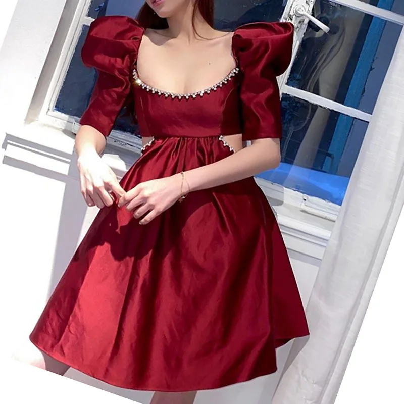 

Hollow Out Waist Sexy Low Cut Rhinestone Chain Mini Dress Lady Party Dresses Short Puff Sleeve vestidos de mujer