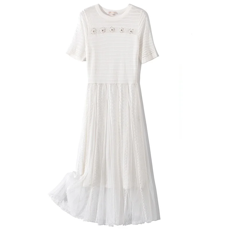 

Knitted Top Quality Dress 2021 Summer Style Women Flower Embroidery Sexy Tulle Mesh Patchwork Short Sleeve Casual Sweater Dress