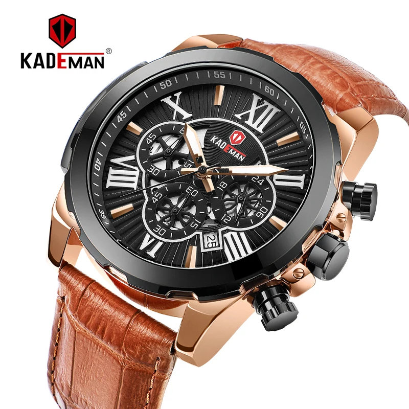 Роскошные Брендовые мужские часы KADEMAN, 6 стрелок, с хронографом, календарем, римскими цифрами, модные мужские кожаные кварцевые наручные часы 848