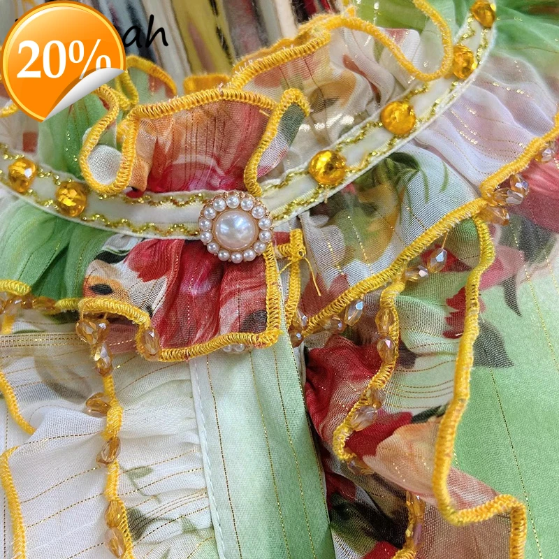 

Women Summer Fashion Designer Party A-Line Dress Flare Hull Sheet Sharpening Floral Pressure Elegant Chiffon Clothes