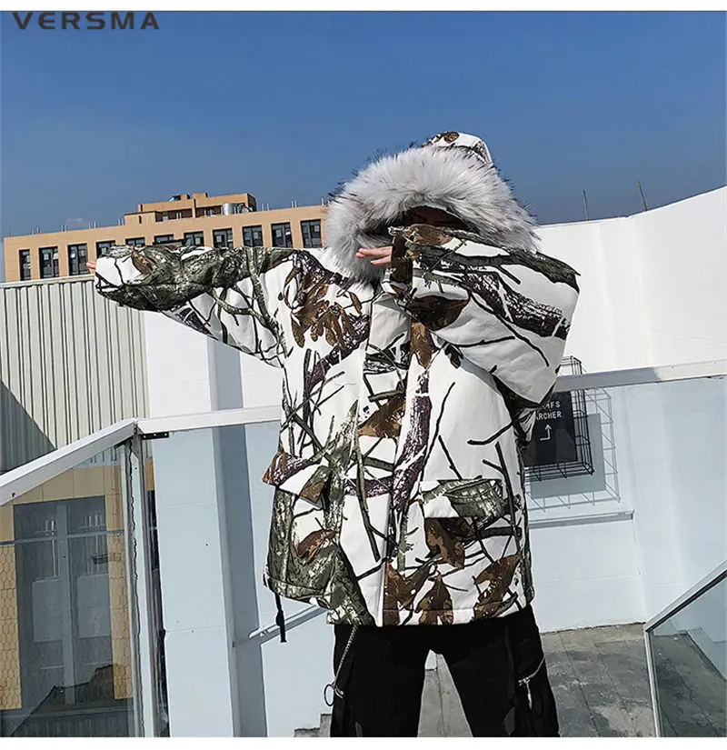 VERSMA корейский Камуфляж меховой воротник Длинная зимняя куртка Мужское пальто парка теплый капюшон хип хоп негабаритных Длинные мужские куртки пальто парки