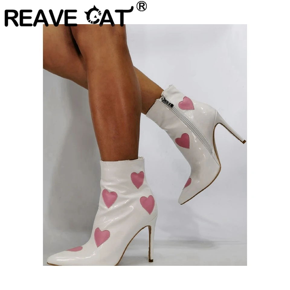 

Женские ботильоны с острым носком REAVE CAT, Новые Дизайнерские ботильоны из лакированной кожи на высоком каблуке с застежкой-молнией в форме с...